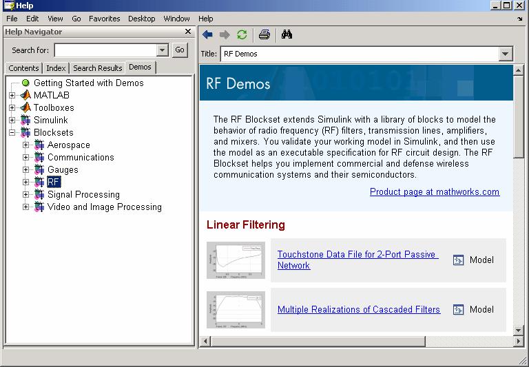 1 Getting Started Product Demos You can find interactive RF Blockset demos in the MATLAB Help browser, as shown in the following figure.