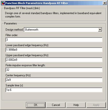 Bandpass RF Filter Dialog Box The parameters displayed in the dialog box vary for different design methods. Only some of these parameters are visible in the dialog box at any one time.