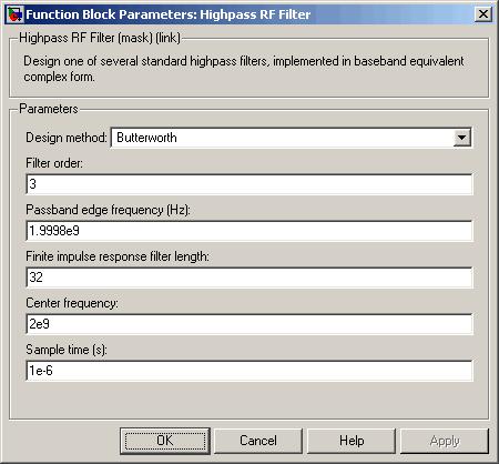 Highpass RF Filter Dialog Box The parameters displayed in the dialog box vary for different design methods. Only some of these parameters are visible in the dialog box at any one time.