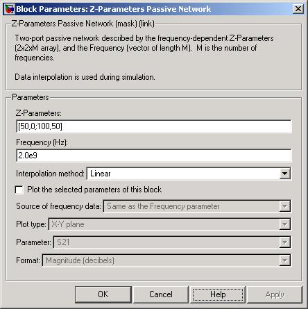 Z-Parameters Passive Network Dialog Box Z-Parameters Z-parameters for a two-port passive network in a 2-by-2-by-M array. M is the number of Z-parameters.