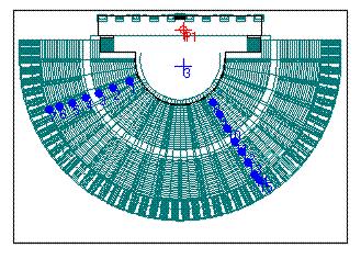 Figure 3. Sound sources and receivers in the Aspendos theatre. In the Aphrodisias Odeon the placement of sources/receivers follow the same distribution.