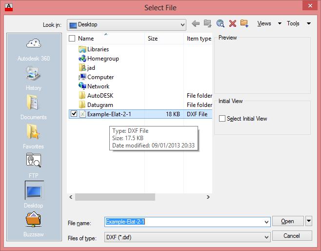2. In the File menu, select DXF as Files of Type, click your DXF file, and click
