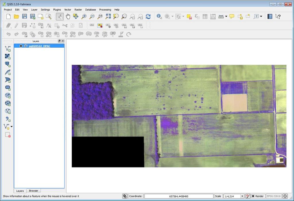 6. The image will be added to QGIS (Figure 2). Figure 2: Multi-band image in QGIS Desktop 7.