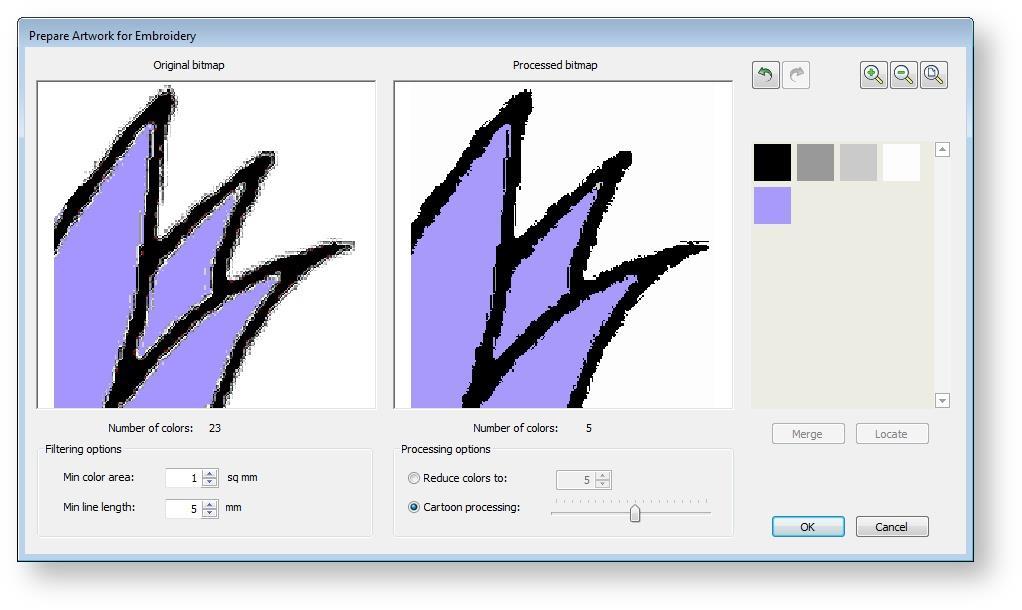 Process images Select the image and click the Bitmap Preparation icon. The image appears in both before and after preview panels.