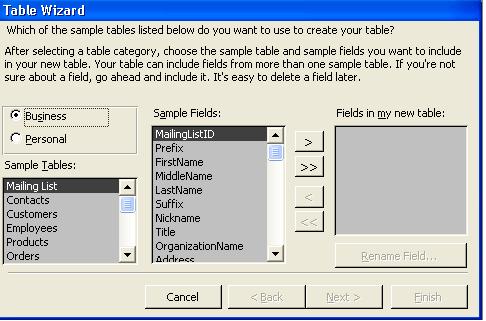Personal; lista Sample Fields care conţine câmpuri corespunzătoare tabelului selectat; caseta Fields in my new table în care sunt vizualizate numele câmpurilor selectate; Butonul Rename Field: -