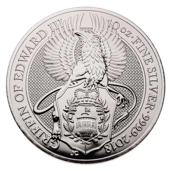 The current 10oz Silver coin 2018 Queen s Beasts is pictured below. The Griffin runs for just a little over $200 at this time. Minted of 999.9 fine silver.