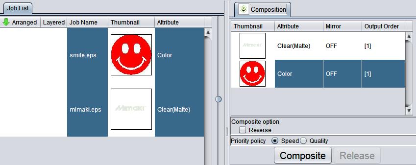 Compositing the clear ink image with the color job 3. In the job list, select the color job and the clear ink job. Click the Composition icon. Carry out the following check.