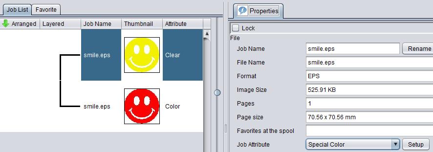 c. Setting Emboss Print In the job list, select the clear ink job. Click the Properties icon. Click the [Setup] button in the [Job Attribute] field. 3. Select the [UV Mode] tab.