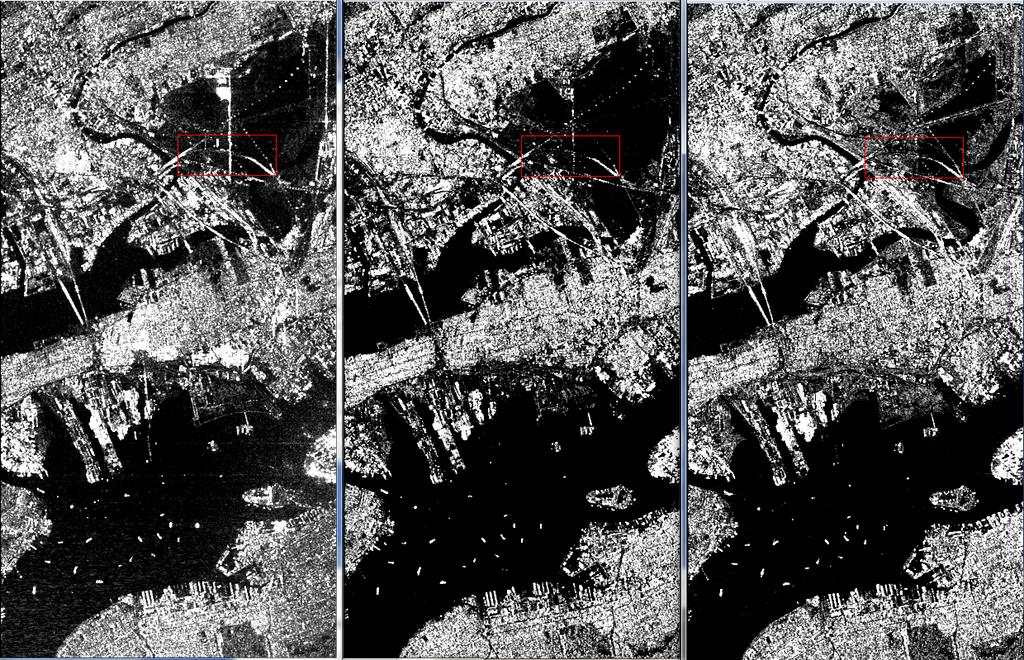 3 look-angle and the relative roughness of the land surface. There are a number of small, marshy islands in the bay to the right of the airport in the images above.