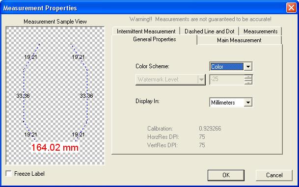 4. The Measurement Properties dialog box displays to allow users to format the label. Customize the measurement label properties (color, line, unit, measurement position, etc.) then click OK to exit.