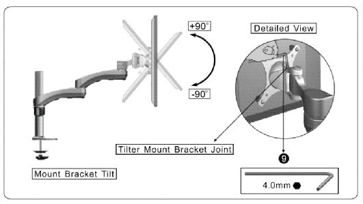 3. If the weight of the display monitor causes the Tilter Mount Bracket to fall, you may need to adjust the Tilter Mount Bracket joint to suit your display monitor tilt position of +/- 90 degrees.