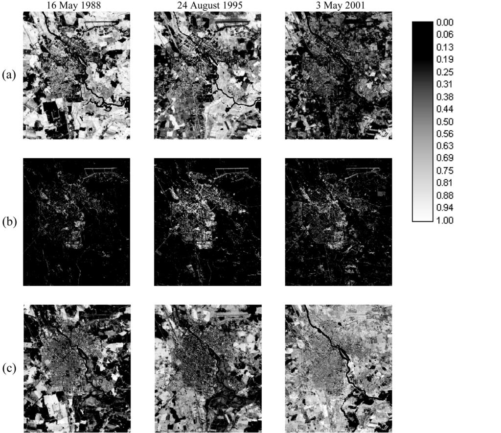 Fig. 4. The unmixed fraction images: (a) vegetation, (b) impervious surfaces, (c) soil. A scalebar for the density of grey is given beside the fraction images.