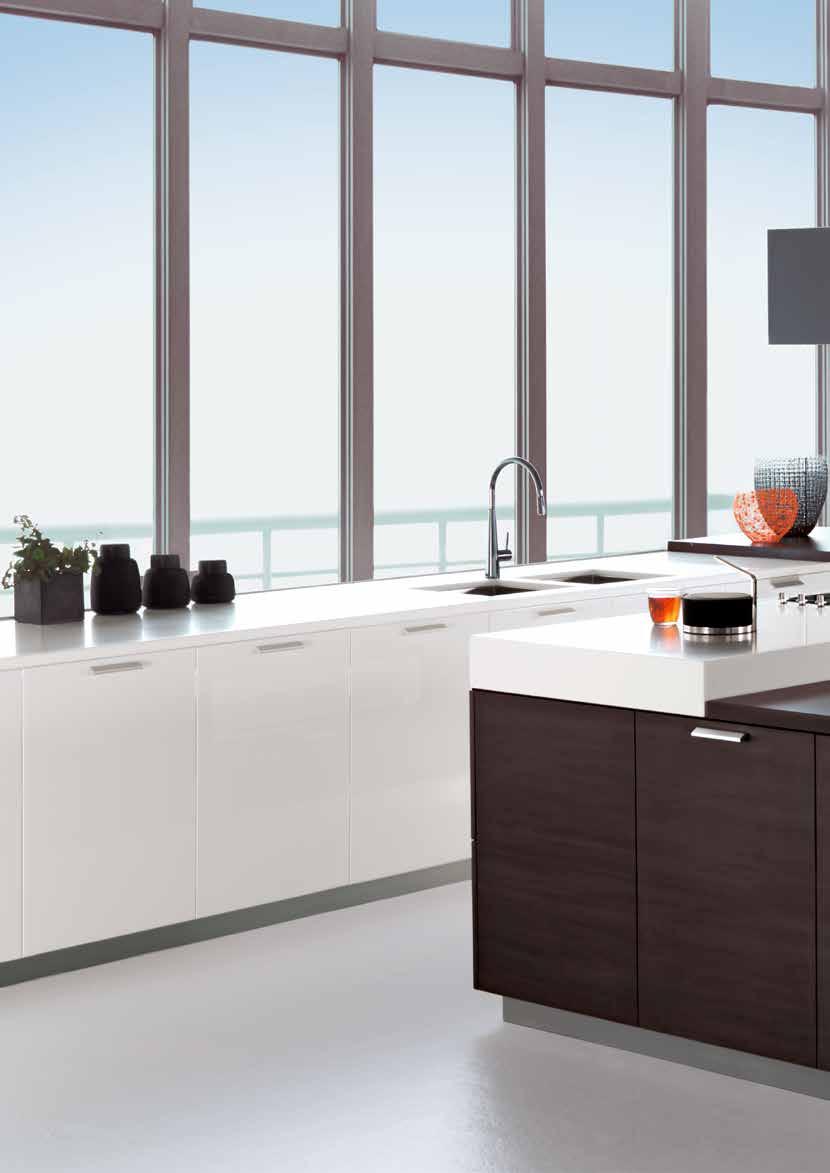 Cover: Benchtop in Laminex Polar White and Laminex Burnished Wood. Rear benchtop in Laminex Polar White, cabinetry in Melteca Burnished Wood.