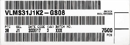BARCODE-PRODUCT-LABEL A 16 VISHAY B C D E F G 2127 A) Type of component B) Manufacturing plant C) SEL - Selection Code (Bin): e.g.: J1 = Code for Luminous Intensity Group D) Date Code year/week E) Day Code (e.