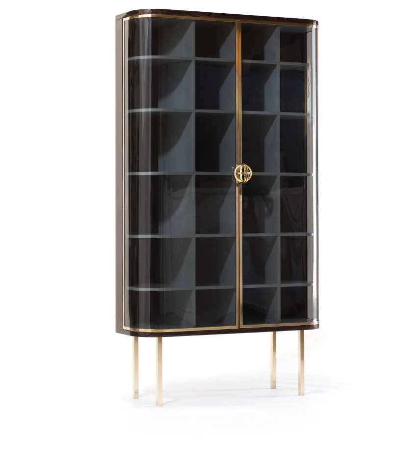 Cabinets Loyalty Cabinet Cabinet 115W 47D 210H cm Designer: Nika Zupanc Collection III Polished dark stained fraké veneer with polished brass frame and legs, smoked glass doors,