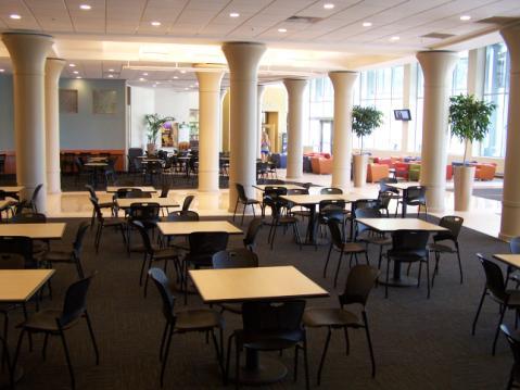 Setup: Community Space and Dining Areas by Student Center Food Court Retractable stage (approximately 14 feet wide
