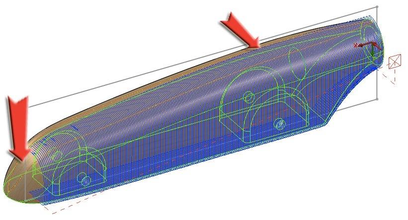 V.24. Here you can see the newly processed tool path and how the contain sketch keeps the tool path from milling the front of the CO2 Dragster.