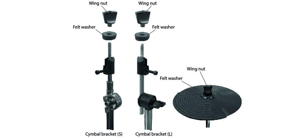 Assembly Put the cymbal holders into the designated terminals on the rack (see figure) and tighten the allen screws of the terminals firmly with the supplied drum key.