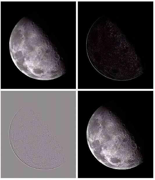 Example Top Left: image of the north pole of the moon. Top Right: Laplacian-filtered image.