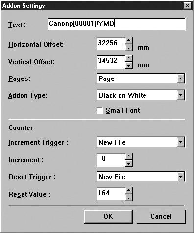 Chapter 2 Specifying the Scanner Settings Add on Settings The Add on function can be used to add any text or counter to a scanned image.