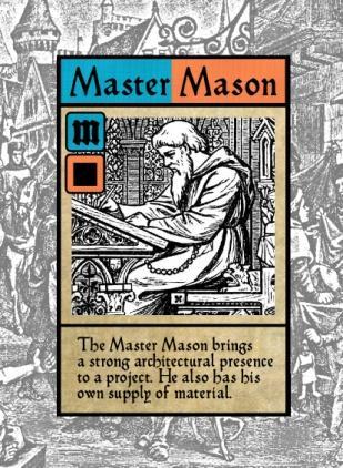 The Master Mason card (above, right) is worth 2 resources (1 stone and 1 stonemason). A player may use this single card for 2 of the needed resources to purchase the tile next to it.