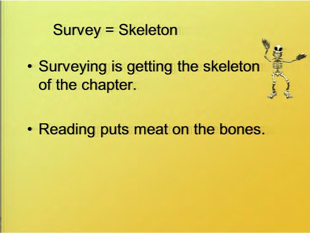 So the survey is like a skeleton. It helps you get the basic concept of the chapter. And then reading is like putting the meat on the bones.