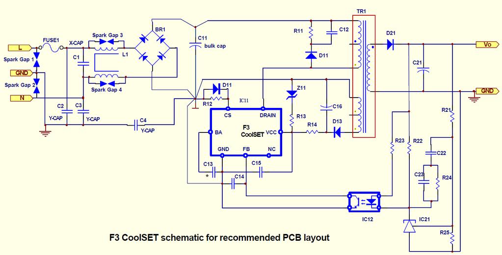 Schemaic for recommended PCB layou 10 Schemaic for recommended PCB layou Figure 46: Schemaic for recommended PCB layou General guideline for PCB layou design using F3 CoolSET (refer o Figure 46): 1.