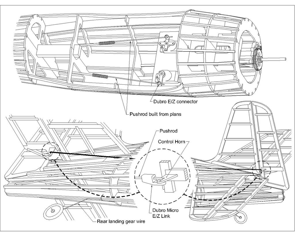 15. Build the elevator and rudder pushrods as shown on the plan page. 16.
