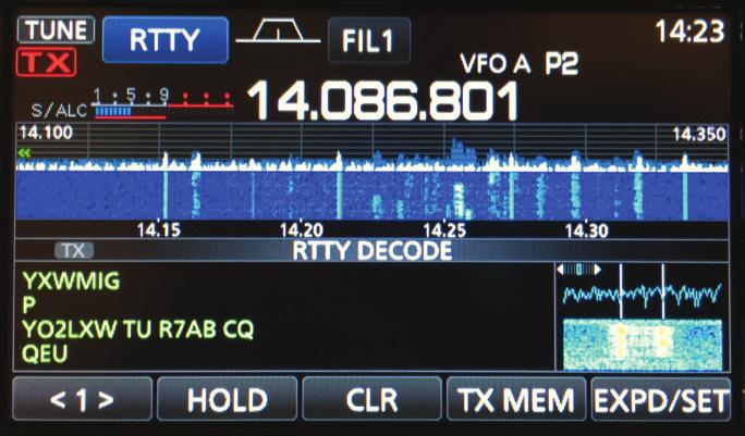 Figure 5 The built-in RTTY decoder features a window on the lower right with a visual tuning aid just line up the mark and space signals with the vertical bars.