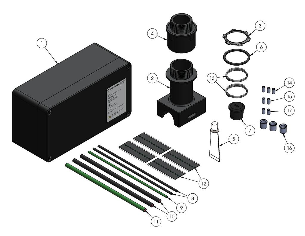 UPC-LL End Termination Kit Kit Contents Item Qty Description Item Qty Description 1 1 Junction Box 10 1 4 AWG Ground Leads 2 1 Pipe Standoff 11 12 Tape Strips 3 1 Locknut 12 2 Solder 4 1 Compression