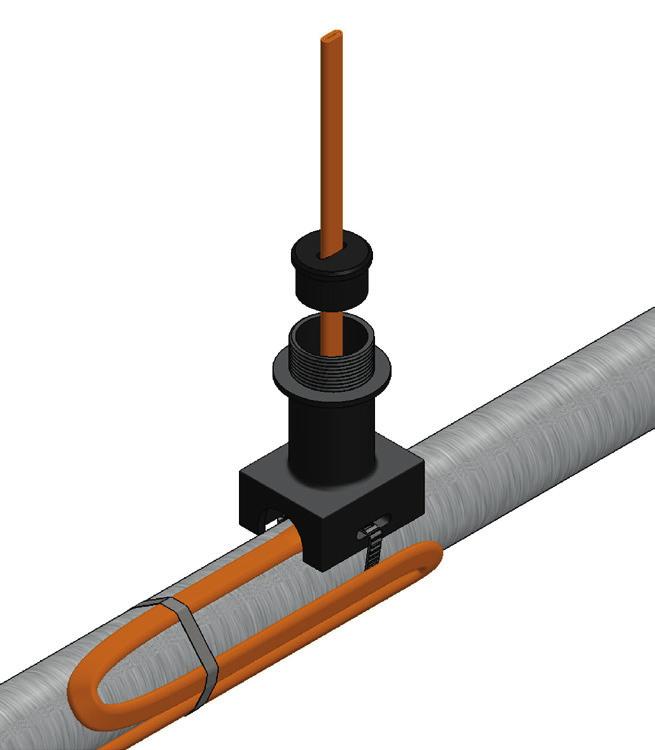 1. Insert heating cable through pipe standoff and grommet as shown.