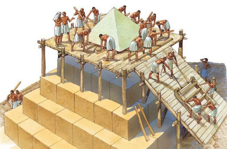 For years, work gangs went back and forth from quarry to the pyramid site, ferrying stones, hauling them up ramps, and placing them to build the pyramid.