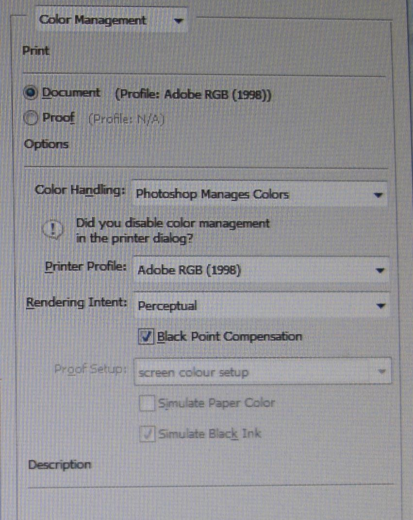 Printing When printing the print page will have a Colour Management panel