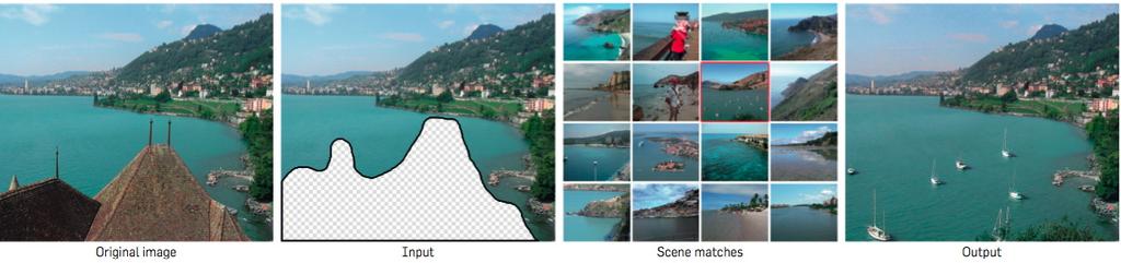 Figure 17: The image completion algorithm tries to fill missing regions in images by finding similar image regions in a large database.