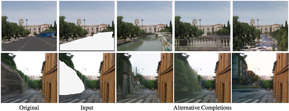 First column: The input image. Second column: The input image with a user defined cut region. Third - fifth column: Three compositing results returned from the system developed by Hays et al.