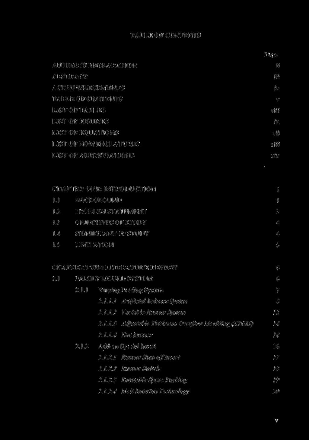 TABLE OF CONTENTS AUTHOR S DECLARATION ABSTRACT ACKNOWLEGEMENTS TABLE OF CONTENTS LIST OF TABLES LIST OF FIGURES LIST OF EQUATIONS LIST OF NOMENCLATURES LIST OF ABBREVIATIONS Page ii iii