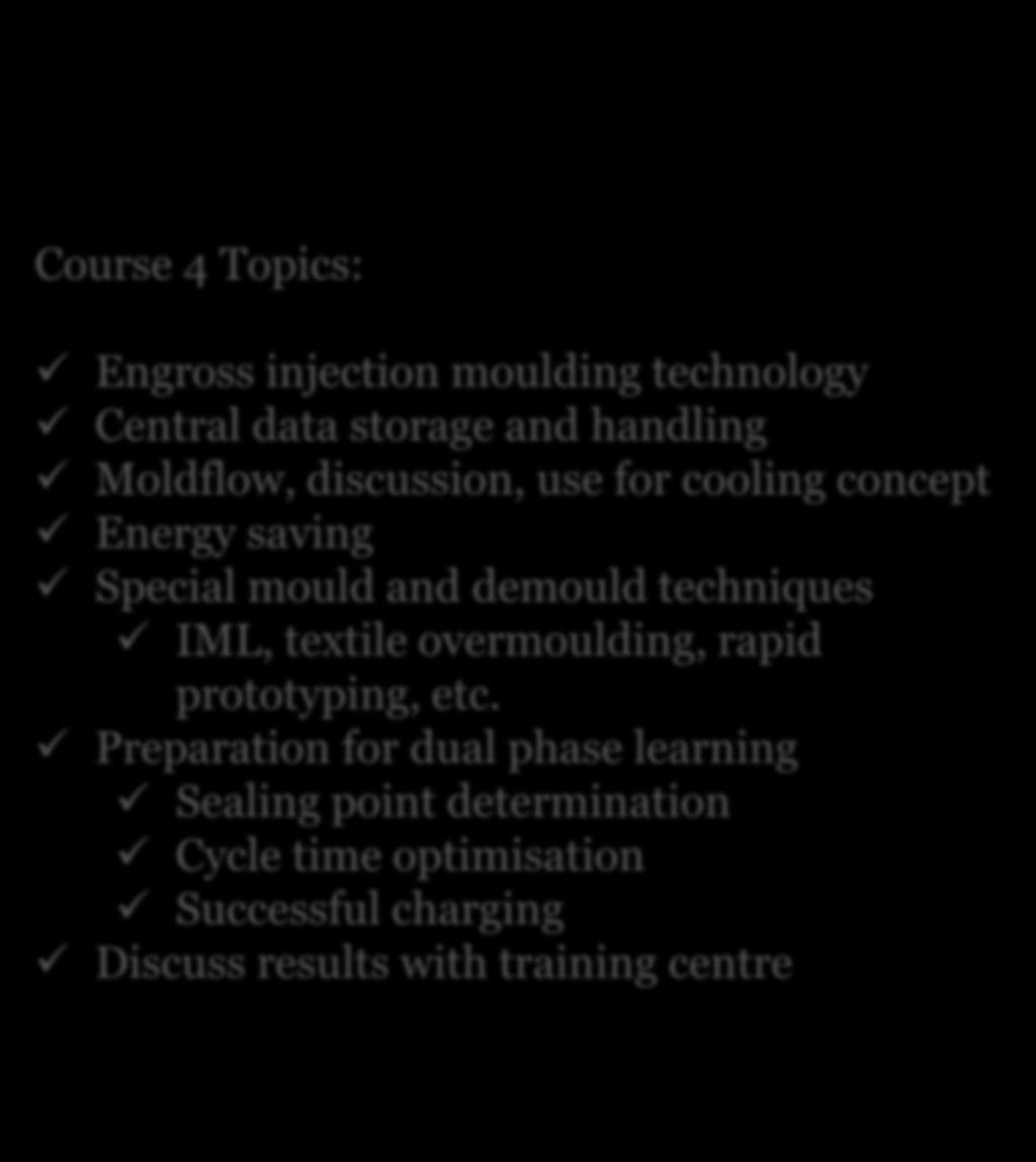 Course 4 Topics: Engross injection moulding technology Central data storage and handling Moldflow, discussion, use for cooling concept Energy saving Special mould and demould techniques IML, textile