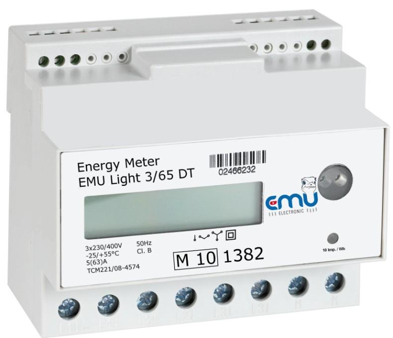 3-Phase Energy Meter for direct connection 63A EMU Light 3/65 ST Single Tariff EMU Light 3/65 DT Double Tariff Technical data: Direct connection Maximum current Imax: 63A Nominal voltage Un:
