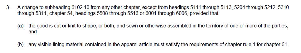 CAFTA-DR Originating Trade Tariff Shift Chapter Rules for Apparel Visible Lining Fabrics Only applies to the visible lining fabric in the main body of the garment, excluding sleeves, which covers the