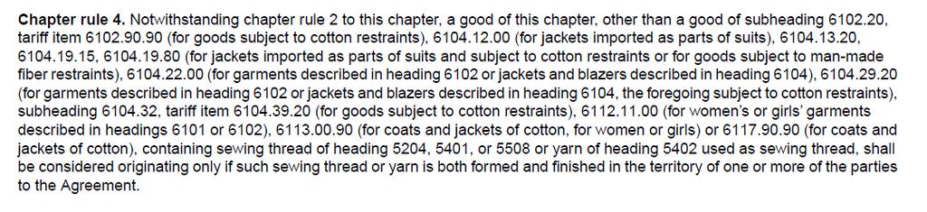 CAFTA-DR Originating Trade Tariff Shift Rules Cut and Sew Apparel Note: Chapter Rules do not apply to cut and sew tariff shift rule garments.