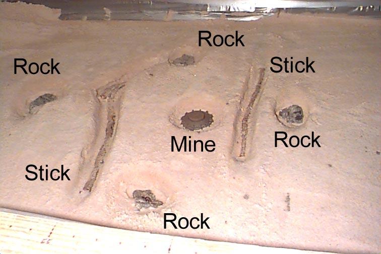 The top of the mine is 1.3 cm below the surface. Photograph with the mine and the clutter uncovered.