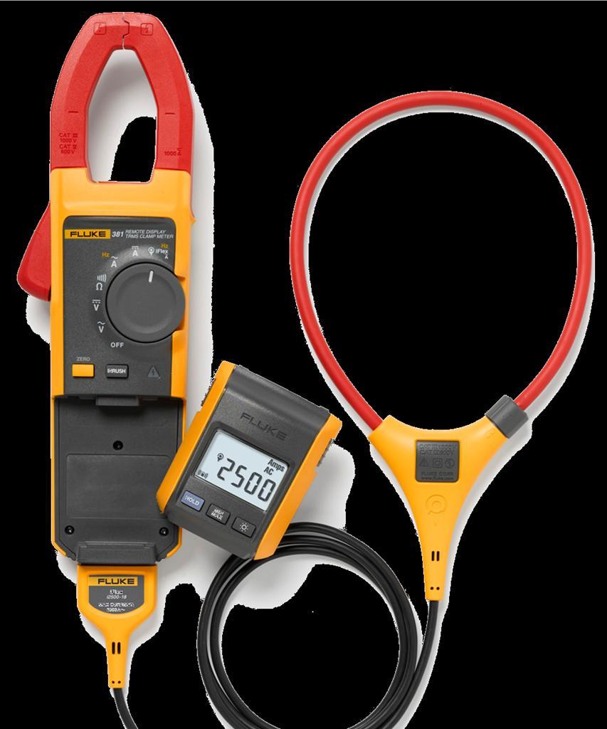 Fluke 381 Remote Display Clamp with iflex Measurement Capability: 1000 A ac and dc current with fixed jaw 2500 A ac current with iflex flexible current probe 1000 V ac and dc voltage measurement