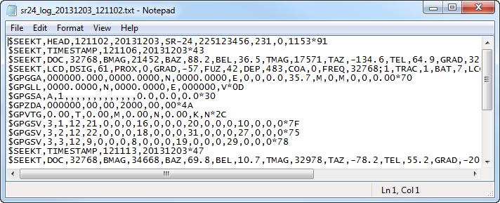 Logged data contains a SeekTech String Identifier or NMEA Identifier Prefix, a Grouping Identifier, a Data Abbreviation, and the Value of the data measured by the SR 24.