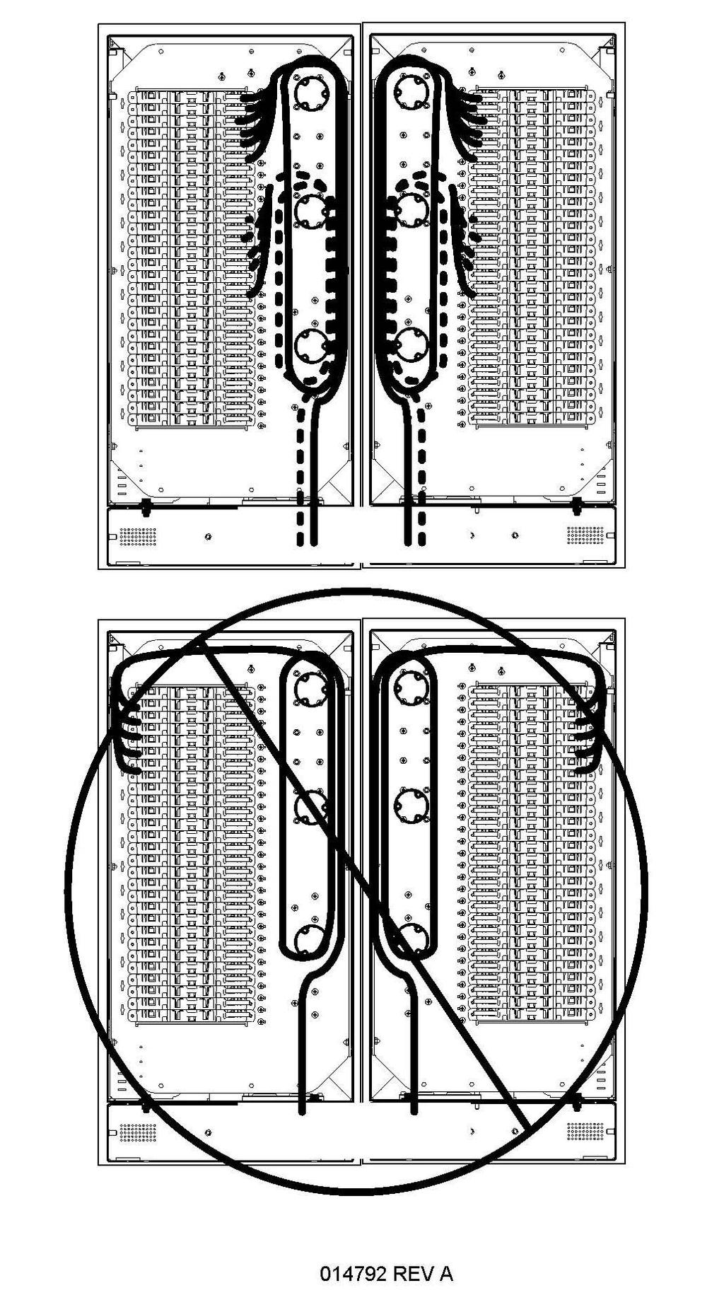 576 PON Routing (Rear of Cabinet) Suggested cable routing for feeder and distribution cables in the rear