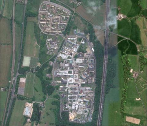 (a) Google Earth view of Lancaster University (b) The extracted building locations. Fig.