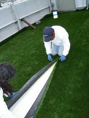 Option 1: Using Seam Glue Seaming Step 3 (Option 1): Secure Seam Open the two sides of grass, at the seam and fold edges back, about 12 inches, hold edges down with