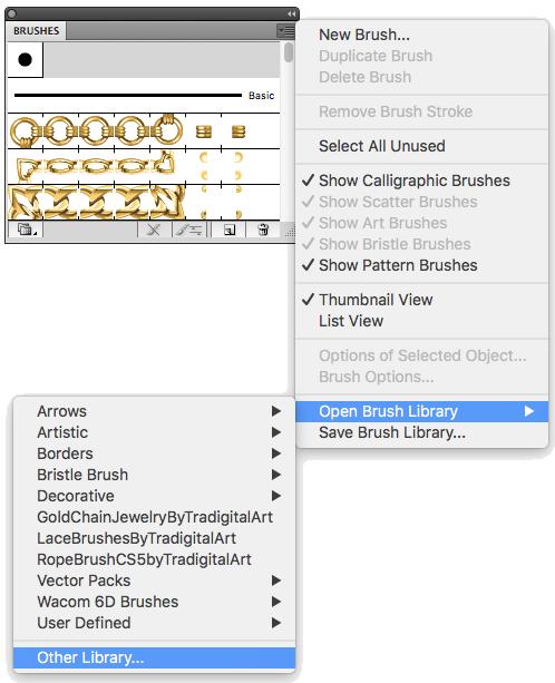 click the expand list icon which will pop down a list of actions that you can take. Next to the bottom is Open Brushes Library. Expanding this will open up all installed brushes.