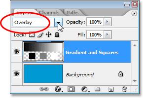 Changing the blend mode of the "Gradient and Squares" layer to Overlay.