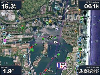 Preprogrammed BlueChart g2 Vision data cards contain aerial photographs of many landmarks, marinas, and harbors.