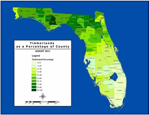 Forest Distribution: Although forests cover about 50% of the state s land area, Florida s timberlands are located mostly north of Orlando (Fig. 5).